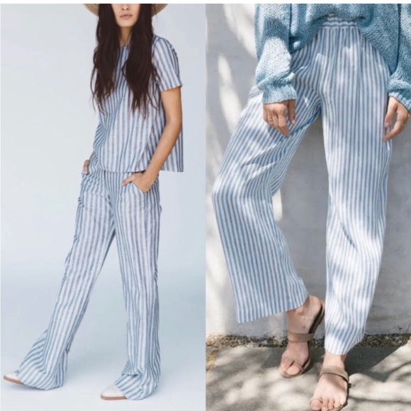 Jenni Kayne Bianca linen blue and white pants,All Products : American Fashion Style Bags On Sale
